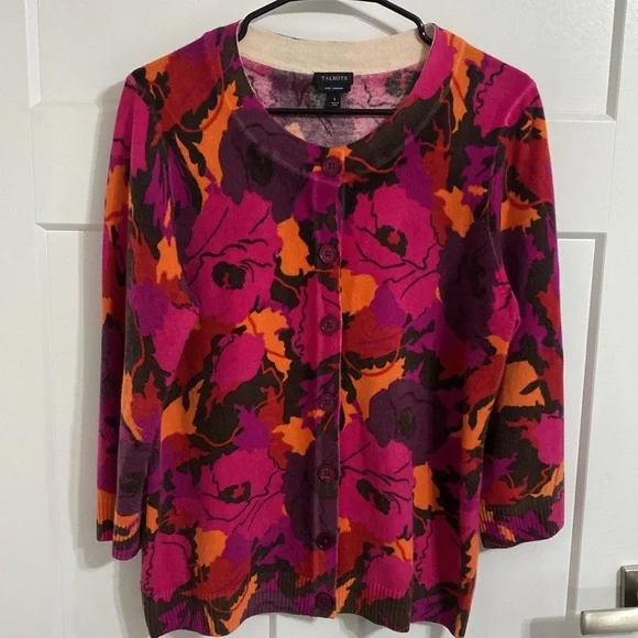 Talbots 100% Cashmere Multicolor Floral 3/4 Sleeve Cardigan Sweater. Women’s L - Picture 1 of 9